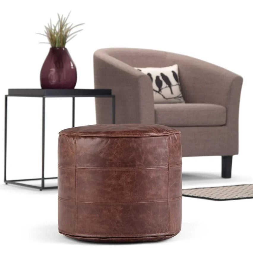 Elijah Buffalo Leather Round Pouf